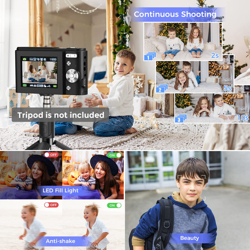  [AUSTRALIA] - Digital Camera, NEZINI 2 Charging Mode Mini Kids Camera, Full HD 1080P 36MP 2.4 Inch LCD Vlogging Camera for Kids, 16X Zoom Compact Pocket Camera Point and Shoot Camera for Kids Beginners (Black) Black