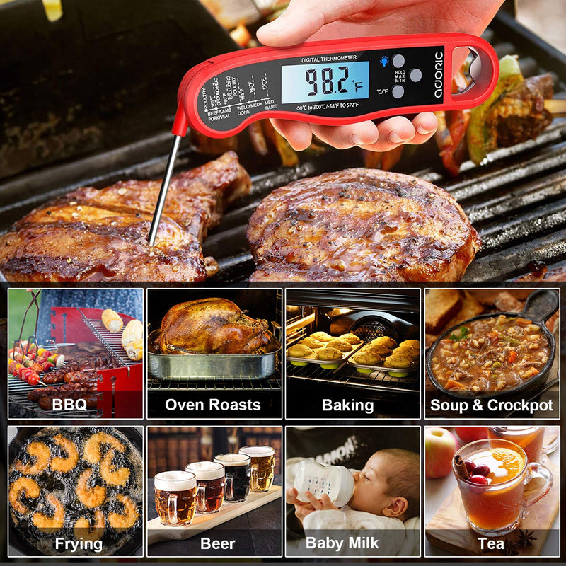  [AUSTRALIA] - Digital Instant Read Meat Thermometer, Waterproof Ultra Fast Food Thermometer with Backlight and Calibration, Kitchen Cooking Thermometer Probe for Grilling Oven Smoker BBQ, Red