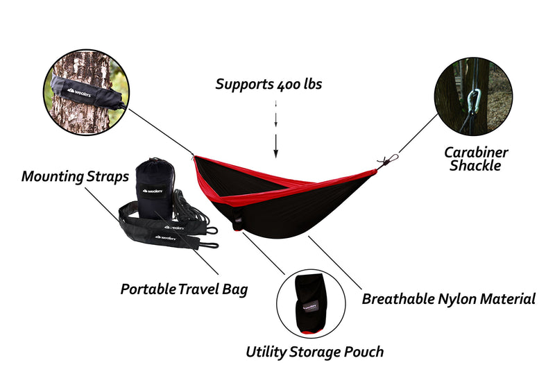  [AUSTRALIA] - Portable Lightweight Double Parachute Hammock With Straps And Steel Carabiners Included For Travel, Hiking Backpacking, And Camping Made With Strong Breathable Nylon- Compact Durable And Easy To Use Red & Black