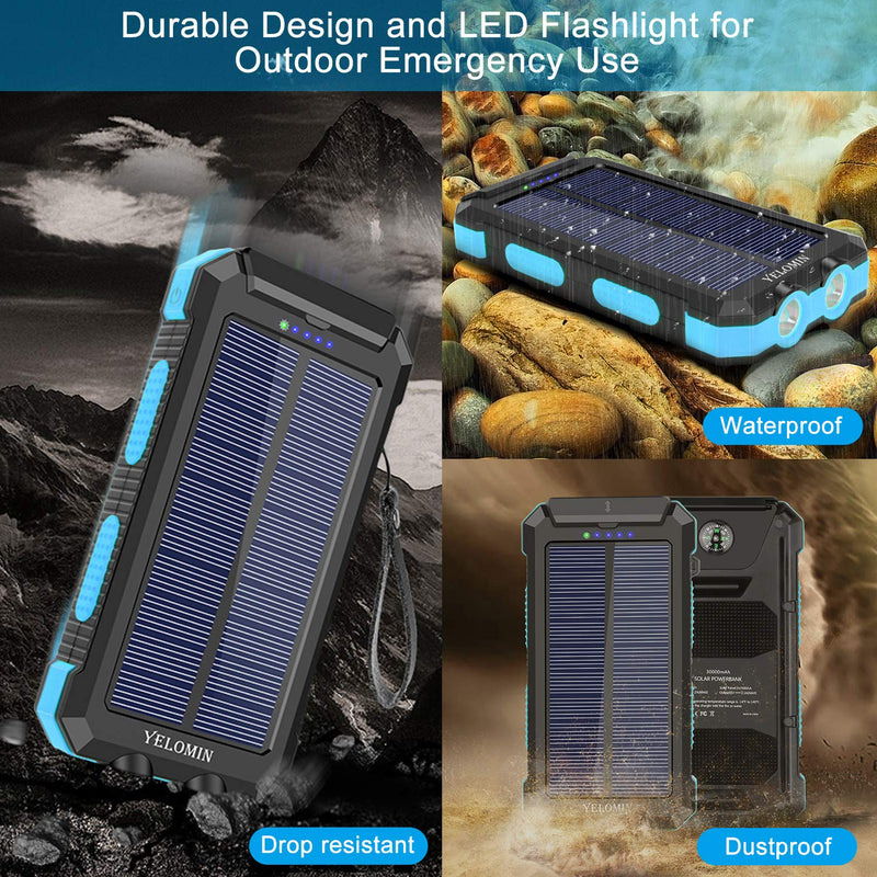 Solar Charger 30000mAh,YELOMIN Portable Outdoor Solar Power Bank with Type-C Input Port Dual Flashlights & USB Outputs External Backup Battery Pack for Cellphones,Tablets and More(Blue) Blue - LeoForward Australia