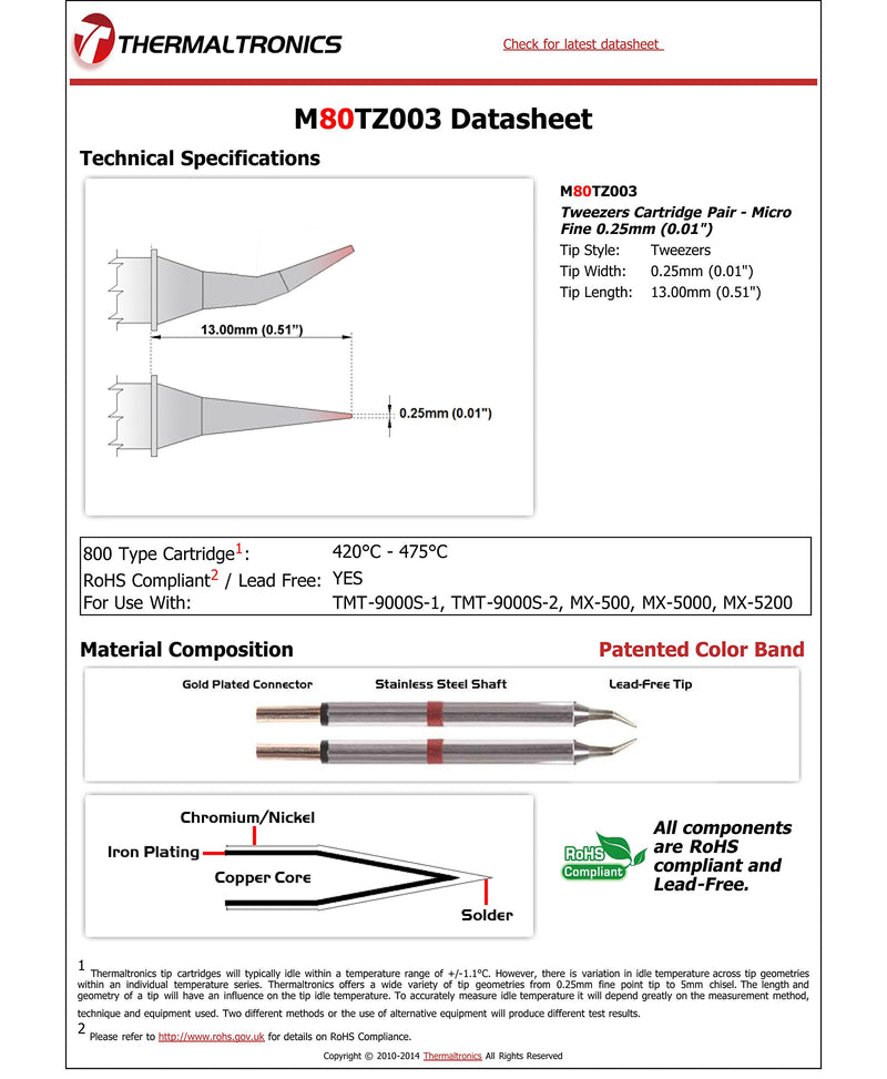  [AUSTRALIA] - Thermaltronics M80TZ003 Tweezers Cartridge Pair - Micro Fine 0.25mm (0.01in)