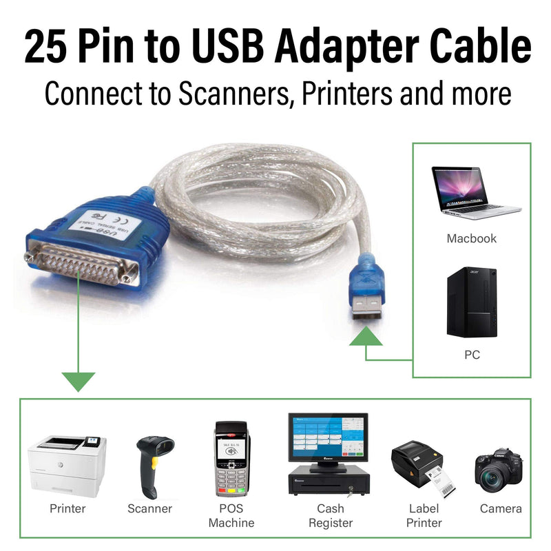  [AUSTRALIA] - C2G USB Adapter USB to DB25 Adapter Grey 6 Feet (1.82 Meters) Cables to Go 22429,Gray USB to DB25 Male Adapter