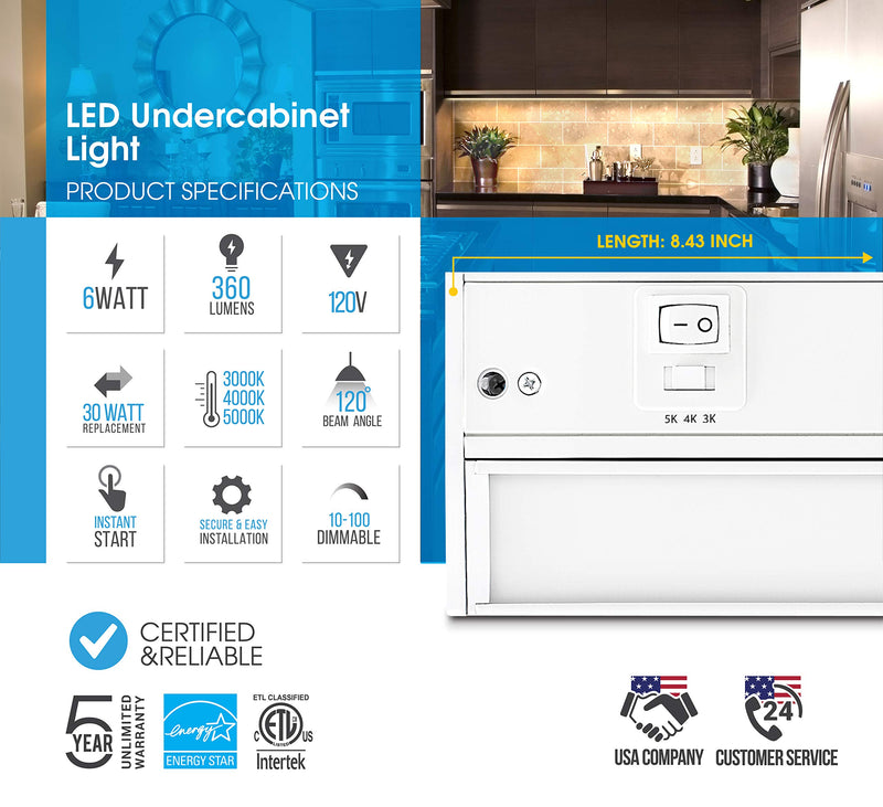 PARMIDA LED Swivel Under Cabinet Lighting, Hardwired or Plug-in Installation, 3 Color Temperature Slide Switch, Rotatable Lens, Dimmable, Linkable, ETL & Energy Star, 3000K-5000K, 120V, 6W – 8 Inch 8 inches White - LeoForward Australia