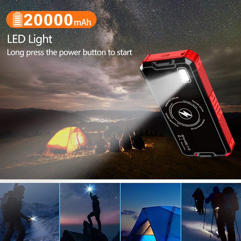 Wireless Solar Charger 20000mAh Power Bank, Vesmatity Portable Charger with 2 USB Outputs & LED Flashlight, Solar Charger External Battery Backup for Smart Phone, Tablet and Camping Outdoors (Red) Red - LeoForward Australia