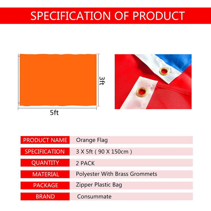  [AUSTRALIA] - Consummate Solid Orange Flag 3x5 Foot Plain Orange Flags Banner Polyester with Brass Grommets,2 Pack
