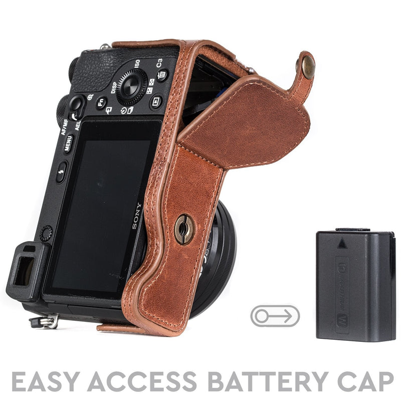  [AUSTRALIA] - MegaGear MG1204 Sony Alpha A6500 Ever Ready Genuine Leather Camera Half Case & Strap with Battery Access, Dark Brown