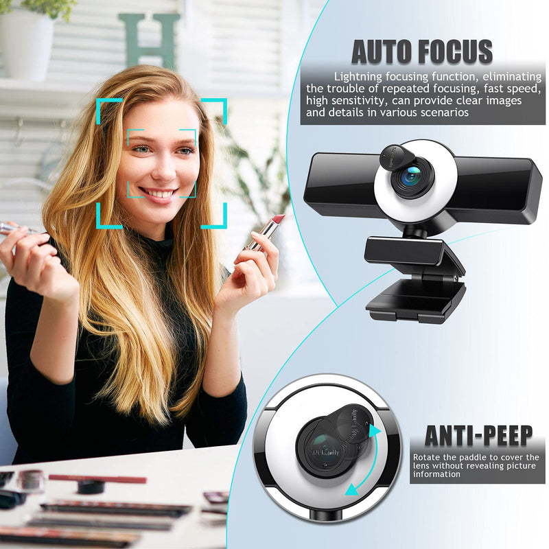  [AUSTRALIA] - 1080P Webcam with Ring Light Autofocus Streaming Webcam Web Camera with Adjustable Brightness Privacy Cover Microphone for PC Desktop Laptop MAC Computer Zoom Skype