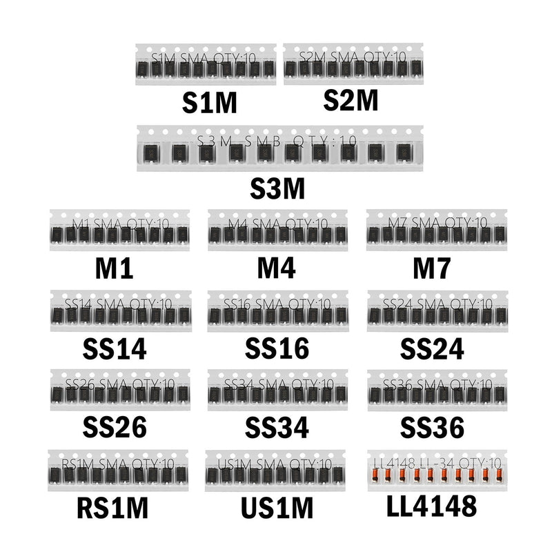  [AUSTRALIA] - Chanzon SMD Fast Switching/Schottky/Rectifier Diode Assorted Kit (15 Values Total 150pcs: M1 M4 M7 S1M S2M S3M SS14 SS16 SS24 SS26 SS34 SS36 RS1M US1M LL4148) Electronic Component Assortment Set