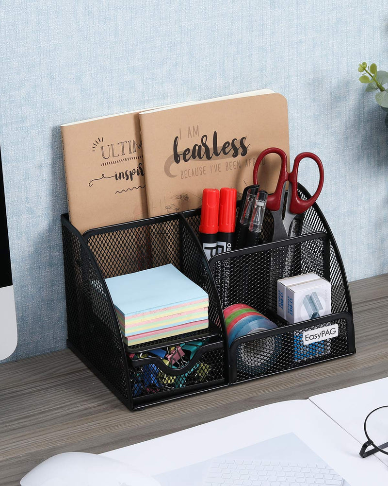 EasyPAG Mesh Desk Organizer Office Supplies Caddy 6 Compartments with Drawer, Black - LeoForward Australia