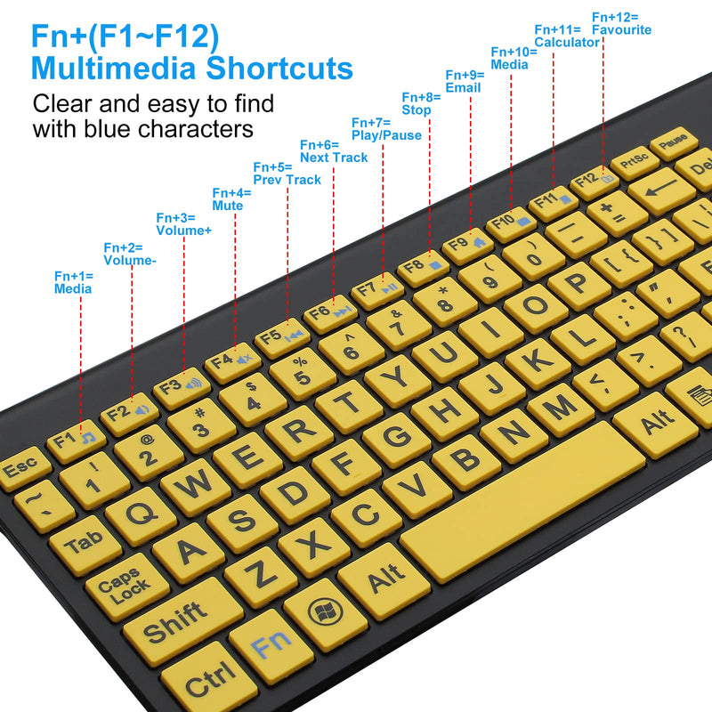  [AUSTRALIA] - Wireless Large Print Keyboard and Mouse Combo Set with USB Receiver for Visually Impaired Low Vision Individuals-Yellow