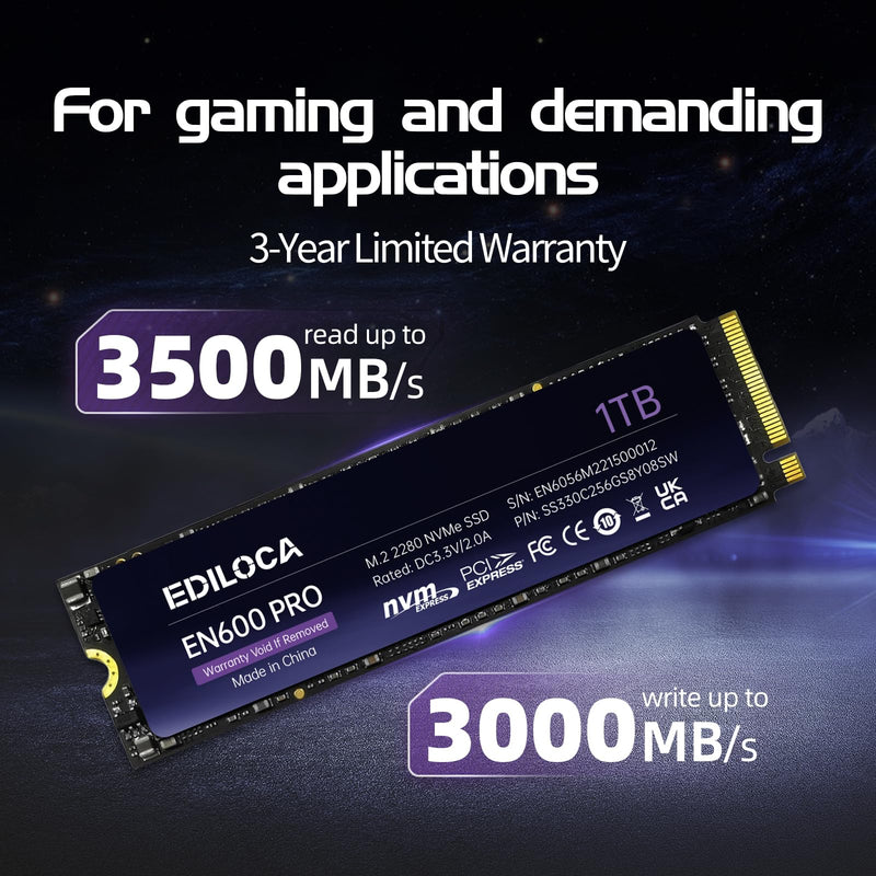  [AUSTRALIA] - Ediloca EN600 PRO SSD 1TB PCle 3.0x4, NVMe M.2 2280, Up to 3500MB/s, Internal Solid State Drive, SLC Cache 3D NAND TLC, Graphene Cooling Sticker, Storage for PC, Desktop and Laptops EN600 pro_PCIe 3.0_3500MB/s
