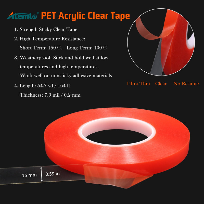  [AUSTRALIA] - Atemto Double Sided Tape Heavy Duty, Two Sided Adhesive Tape Clear 0.6 Inch x 55 Yards Outdoor PET Acrylic Sticker Thin Weatherproof Ultra Strength Industrial Mounting Tape (15mm) 15mm