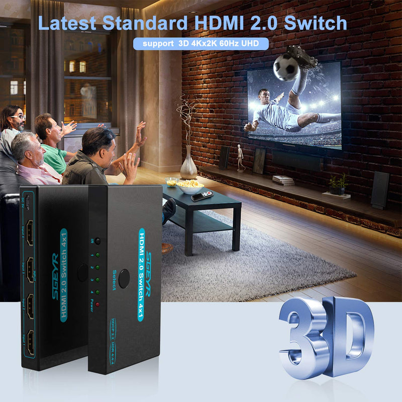  [AUSTRALIA] - SGEYR HDMI 2.0 Switch 4 Port, HDMI Switch Splitter 4 in 1 Out, Metal HDMI Switcher 4K with IR Remote, Support HDCP 2.2 Support 4K@60Hz Ultra HD 3D 2160P 1080P, Compatible for PS3/PS4,Xbox Blue