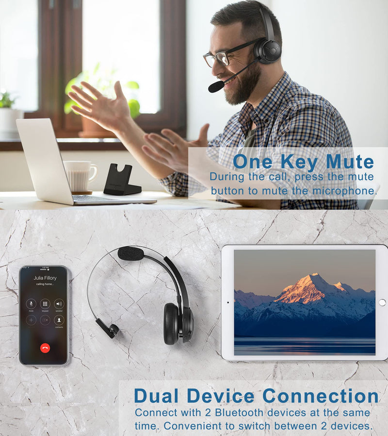  [AUSTRALIA] - Bluetooth Headset, Dechoyecho Trucker Bluetooth Headset with Microphone Noise Canceling Wireless On Ear Headphone with Charging Base for Cell Phone/Tablet/Computer Home Office Call Center M101