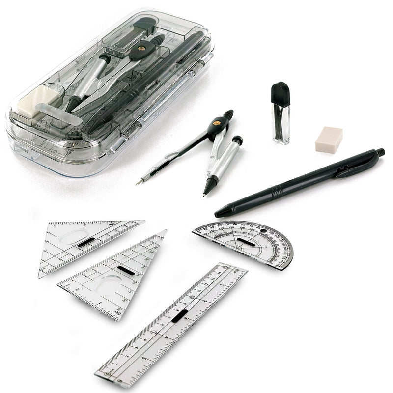 Emraw 9 Piece Math/Geometry Tool Set Includes: Scale-Arm Compass With a Pen, White Eraser, Lead Pencil With Lead Refills & Protractor Set - Great for School, Home & Office - (2-Pack) - LeoForward Australia