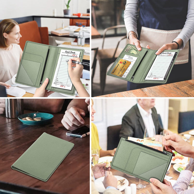  [AUSTRALIA] - Server Book Organizer with Zipper Pocket, Fintie PU Leather Restaurant Guest Check Presenters Card Holder for Waitress, Waiter, Bartender (Sage Green) * Sage Green