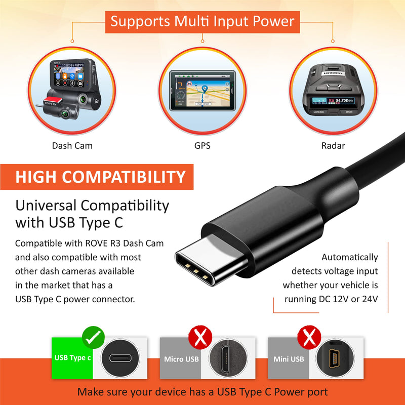  [AUSTRALIA] - Dash Cam Hardwire Kit, USB Type C, for ROVE R3 Touch Screen 3 Channel Dash Camera