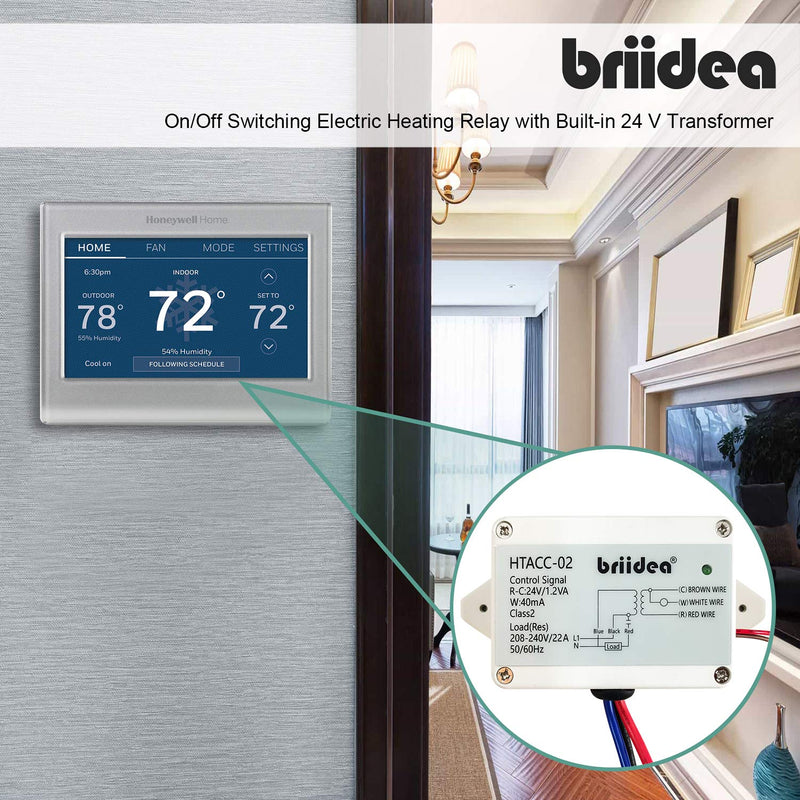  [AUSTRALIA] - 220V 240V Relay, Briidea On/Off Switch Electric Heating Relay with Built-in 24V Transformer, Replacement for Any Relay, Compatible with 24V Thermostat