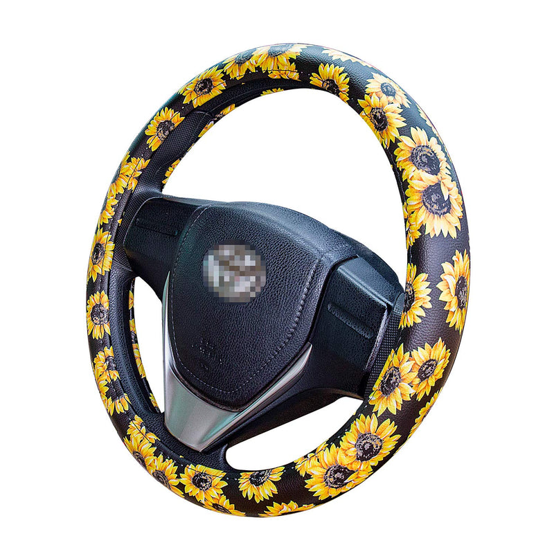  [AUSTRALIA] - Evankin Sunflower Steering Wheel Cover Cute and Handmade,PU Universal Steering Wheel Cover 15 inch, Fashionable Boho Sunflower Car Accessories for Women,Top Girl Car Accessories(Leather) Leather Sunflower Steering Wheel Cover