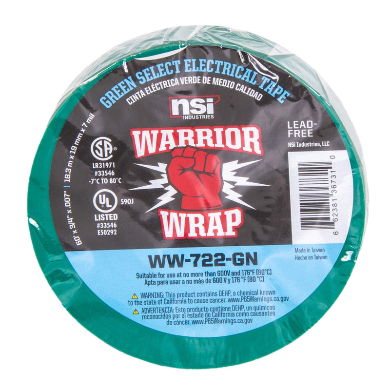  [AUSTRALIA] - NSi Industries WarriorWrap Select 3/4 in. x 60 ft. 7 mil Vinyl Electrical Tape, Green (WW-722-GN)