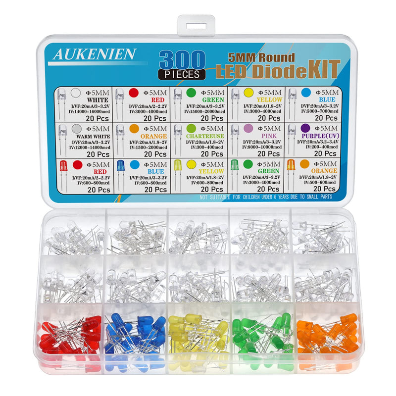  [AUSTRALIA] - AUKENIEN 15 Colors LED Diodes 5MM LED Diodes Assortment Kit Round Head LED Light Diffuse Diodes Set Red Blue Yellow Green White Warm White Orange Pink Purple Chartreuse (20 Pieces Each Color) 5MM LED Diodes - 15 Colors
