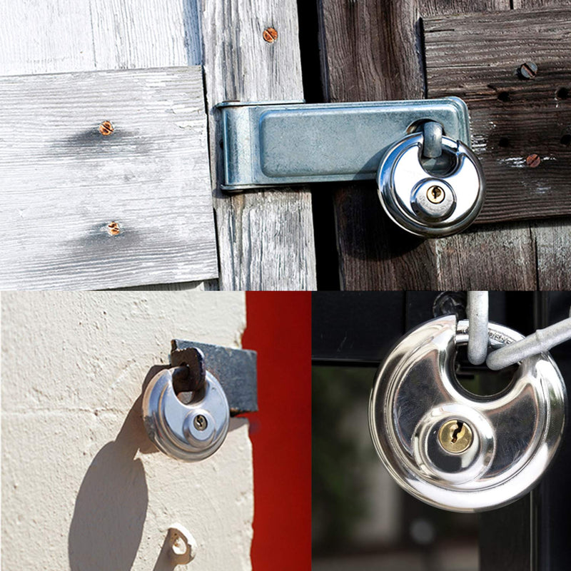  [AUSTRALIA] - Discus Keyed Padlock Disc Storage Locks with Hardened Steel Shackle for Storage Unit, Moving Trailers, Shed, Fence(3/8-Inch Shackle,3keys) Silver