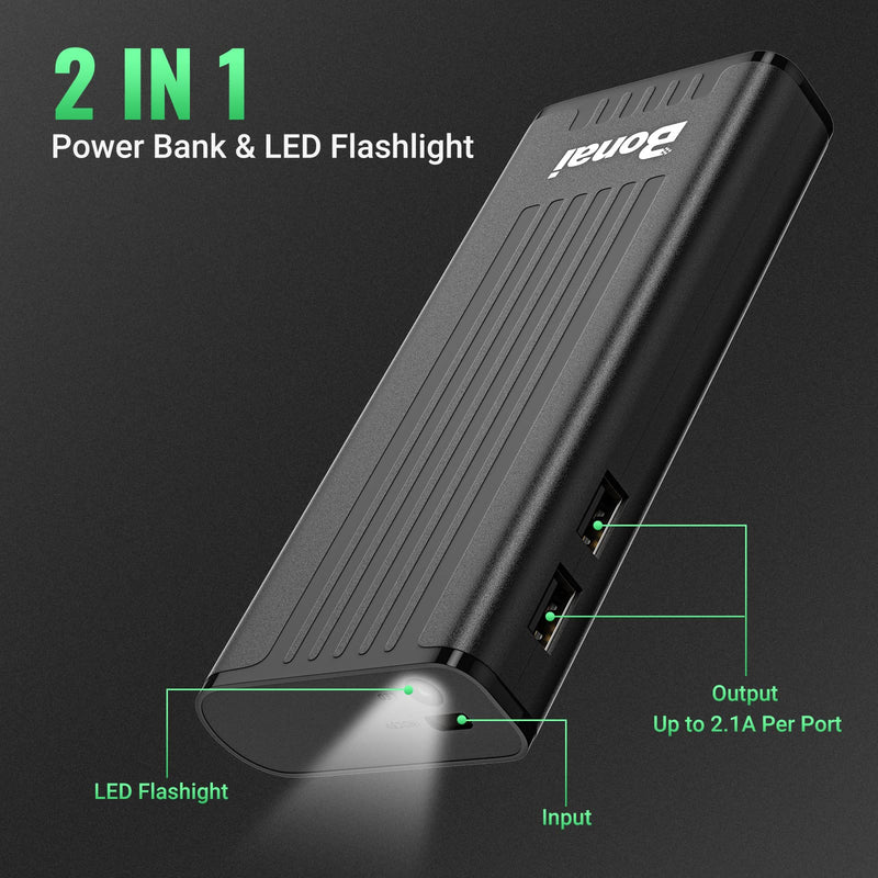  [AUSTRALIA] - BONAI Portable Charger, 10000mAh Power Bank with Dual USB Output & LED Flashlight Compatible with iPhone iPad iPod Samsung Android and More Black