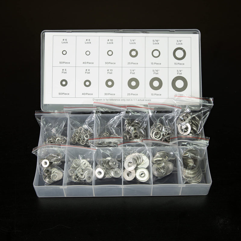  [AUSTRALIA] - NEIKO 50400A Stainless Steel Lock and Flat Washer Assortment | 350 Piece Set | 12 Different Sizes in Spring Lock and Flat Design | Prevent Loose Fasteners