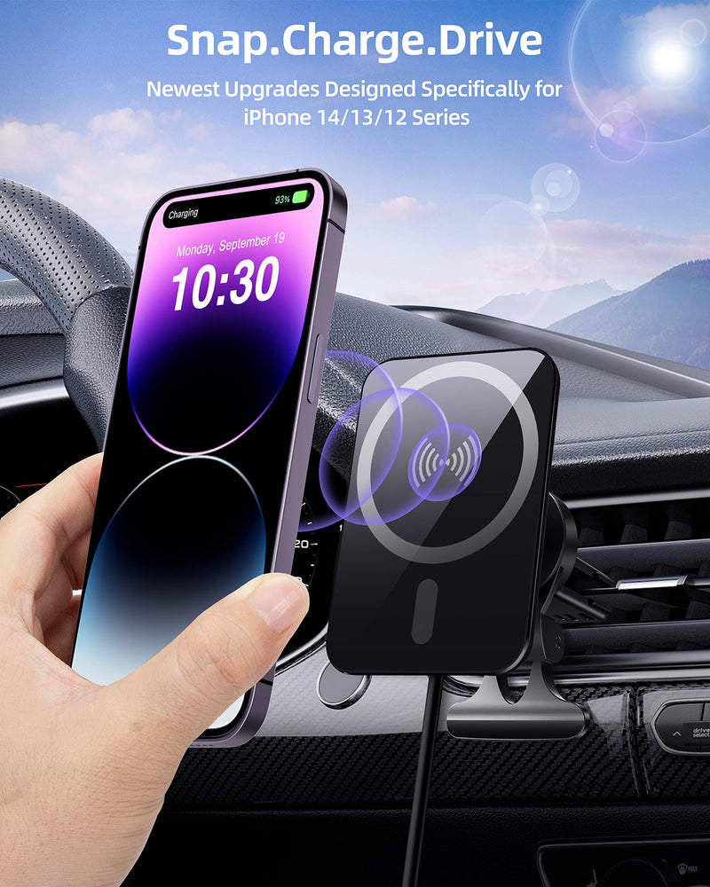  [AUSTRALIA] - Upgraded for MagSafe Car Mount Charger, Magnetic Wireless Car Charger, Air Vent Magnetic Car Phone Mount Charger for MagSafe iPhone 14 13 12 Series, with Dual Port Car Charger Glass Black-Air vent