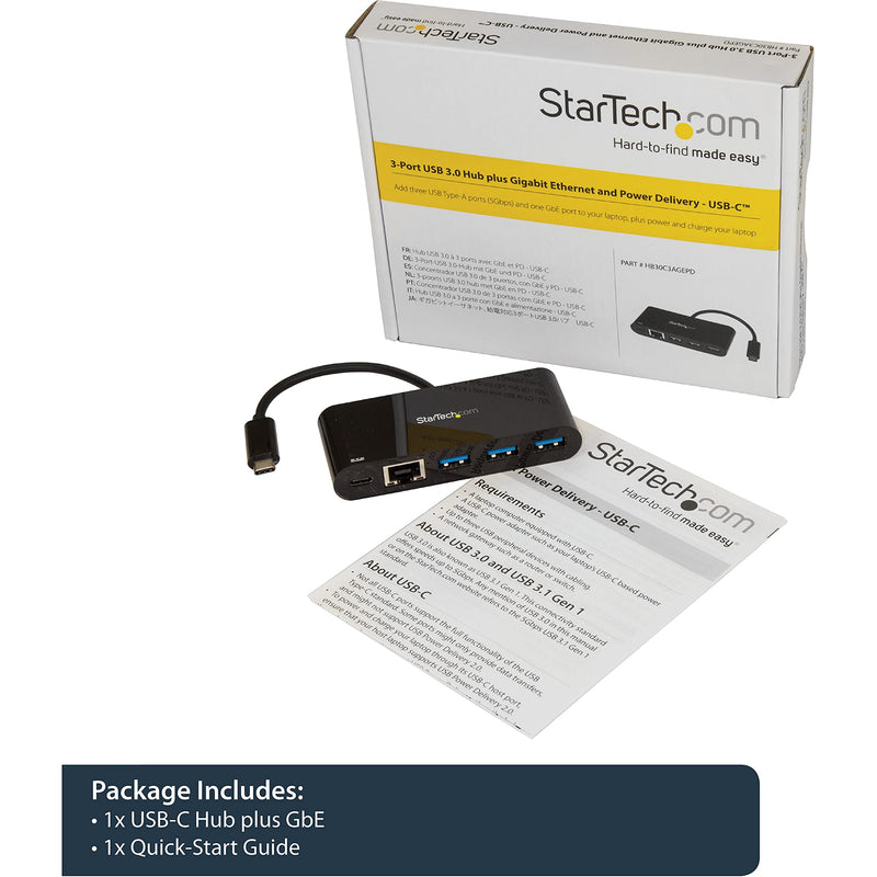  [AUSTRALIA] - StarTech.com USB C to Ethernet Adapter - 3 Port - with Power Delivery (USB PD) - Power Pass Through Charging - USB C Adapter (US1GC303APD) Black Laptop Charging w/ 3x USB-A