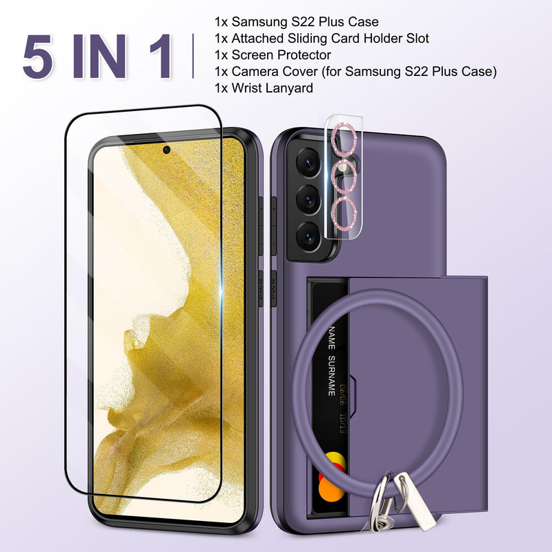  [AUSTRALIA] - SAMONPOW for Samsung Galaxy S22 Plus Case, S22 Plus Phone Case with Screen Protector + Camera Cover + Lanyard [5-in-1] Samsung Galaxy Plus Case Wallet Card Holder Shockproof Case for Samsung S22 Plus