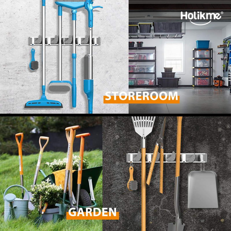  [AUSTRALIA] - Holikme Mop Broom Holder Wall Mount Metal Pantry Organization and Storage Garden Kitchen Tool Organizer Wall Hanger for Home Goods (4 Positions with 4 Hooks, Silver)