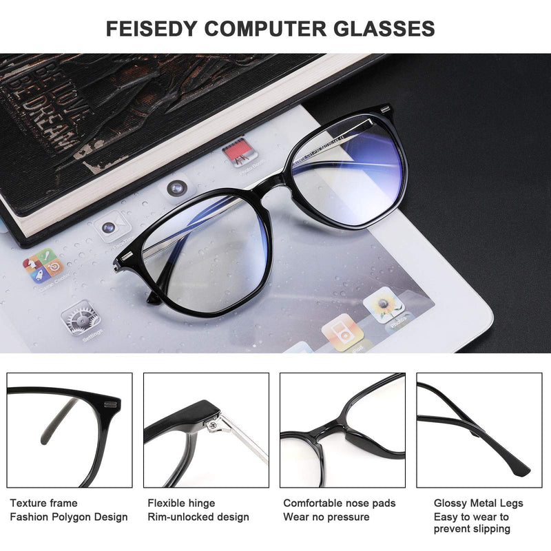 FEISEDY Oversized Lightweight Polygon Blue Light Blocking Glasses Women Men Computer Eyeglasses Frame B2687 Black 53 Millimeters - LeoForward Australia