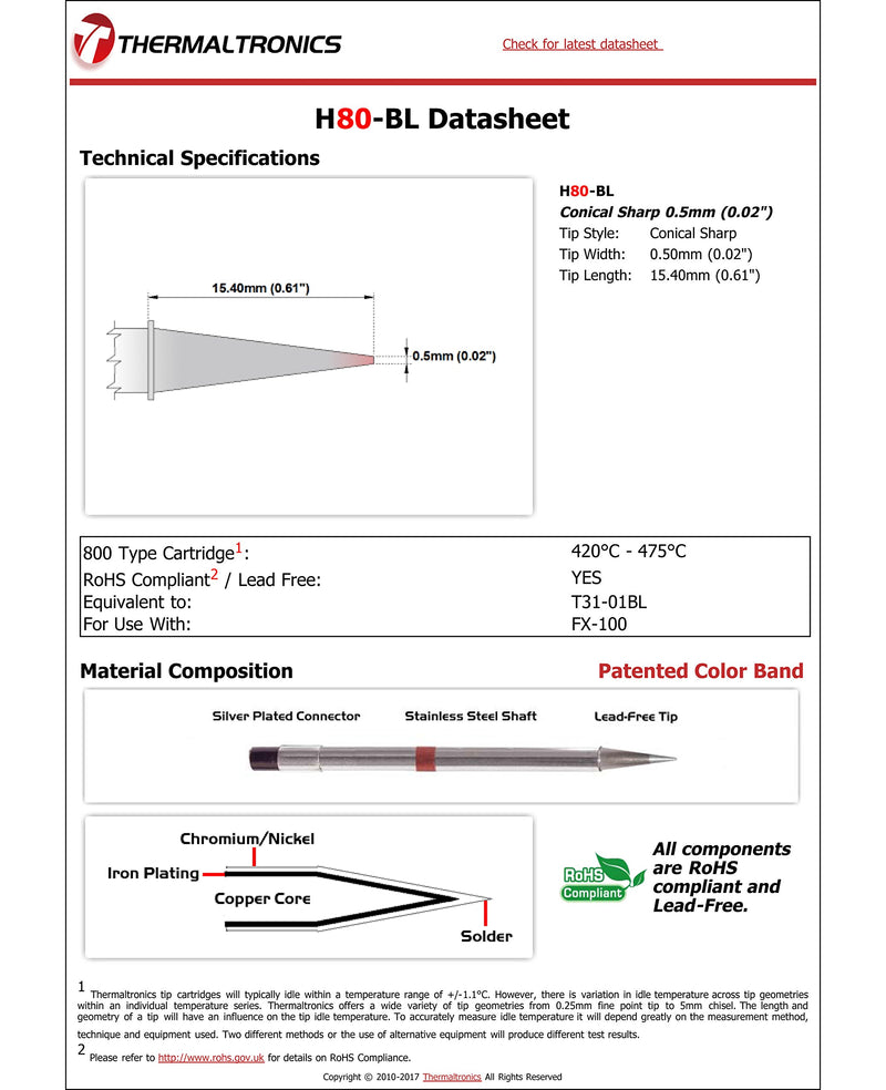  [AUSTRALIA] - Thermaltronics H80-BL Conical Sharp 0.5mm (0.02in) interchangeable for Hakko T31-01BL