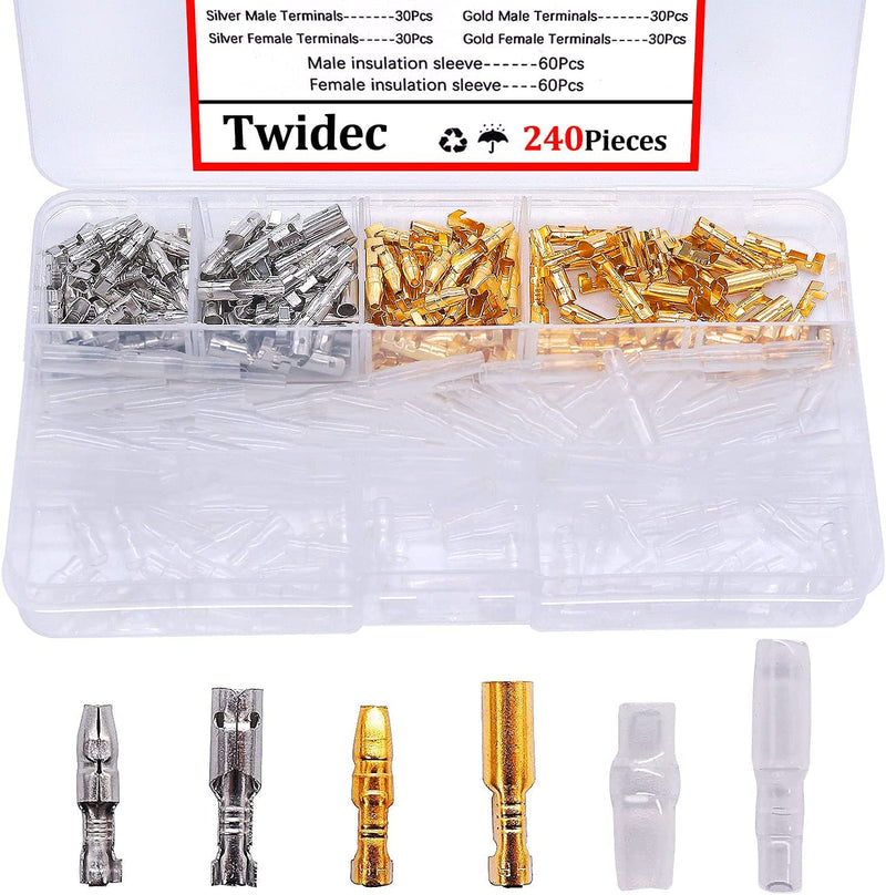  [AUSTRALIA] - Twidec/240Pcs Assortment Bullet Connectors Kit 3.9mm Brass Male and Female Bullet Terminals Connector Block with Insulating Sleeves for Car Truck Motorcycle Bike 2-Without Tool