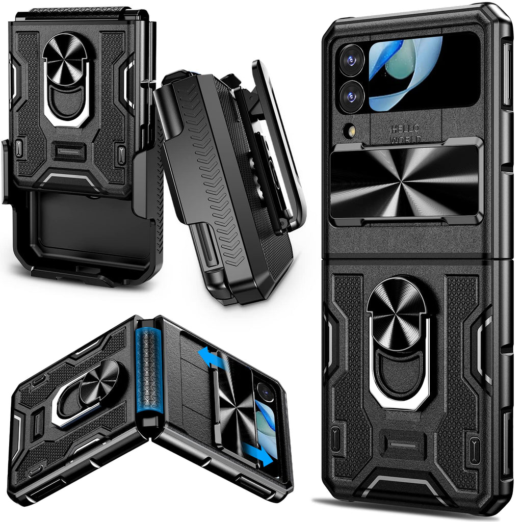  [AUSTRALIA] - VEGO for Samsung Galaxy Z Flip 4 Case with Slide Camera Cover, Hinge Protection Case with 360°Ring Magnetic Kickstand & Belt Clip Holster Heavy Duty Protective Armor Case for Galaxy Z Flip 4 - Black