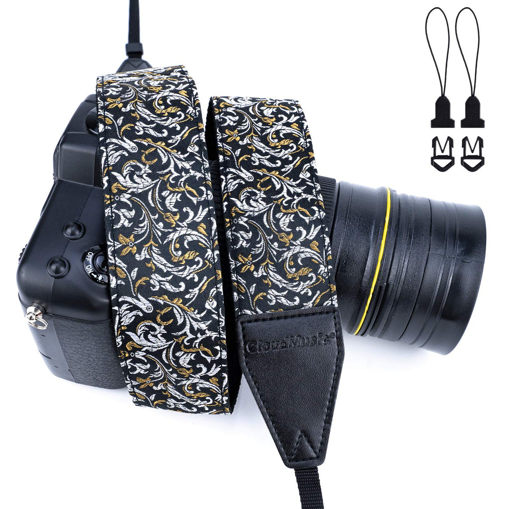  [AUSTRALIA] - CLOUDMUSIC Camera Strap Jacquard Weave Neck Strap For Girls Men Women Floral Series(Leaves In Black) Leaves in Black