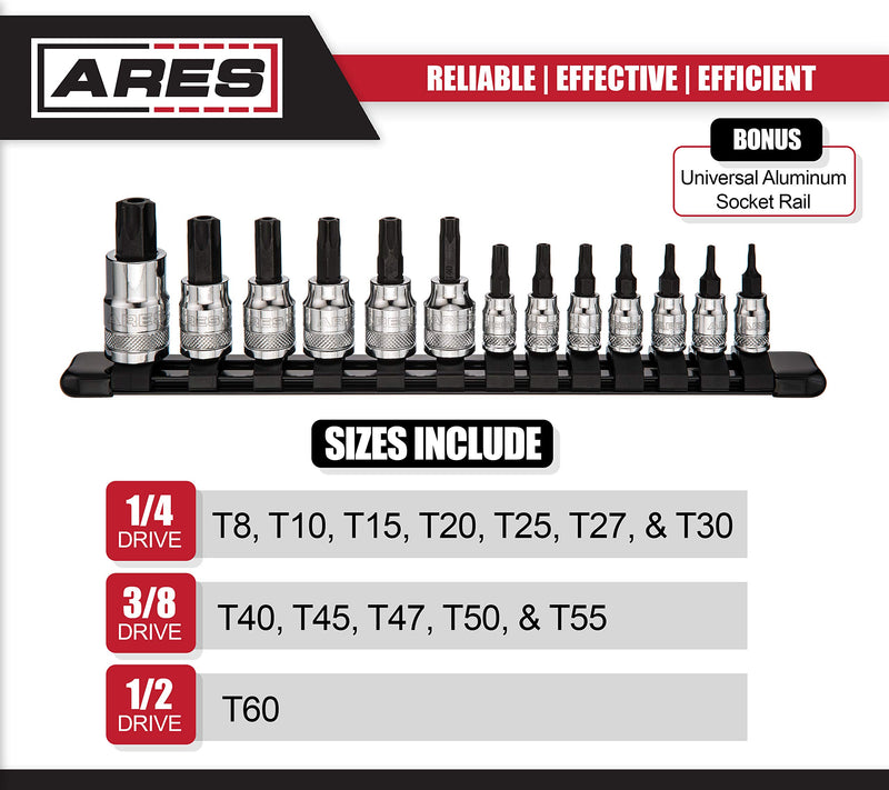  [AUSTRALIA] - ARES 70103-13-Piece Security Torx Bit Socket Set - 1/4-Inch, 3/8-Inch, and 1/2-Inch Drive - Sizes Range from T8-T60 13-Piece Tamper Proof Torx Bit Socket Set