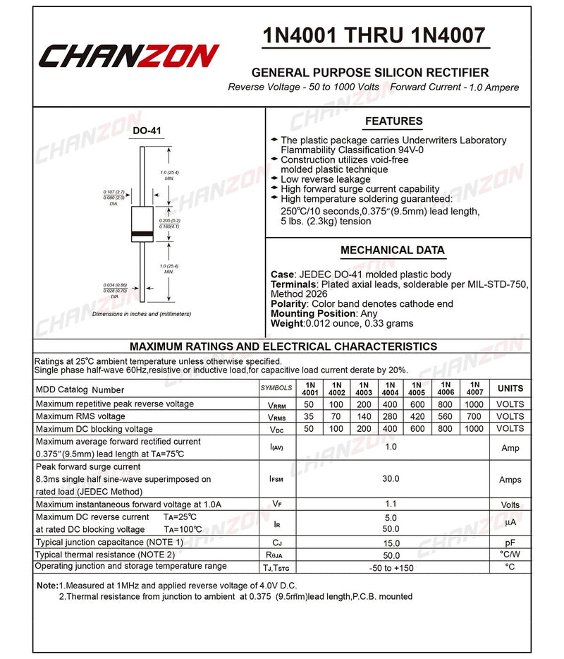 (Pack of 100 Pieces) Chanzon 1N4007 Rectifier Diode 1A 1000V DO-41 (DO-204AL) Axial 4007 IN4007 1 Amp 1000 Volt Electronic Silicon Diodes - LeoForward Australia