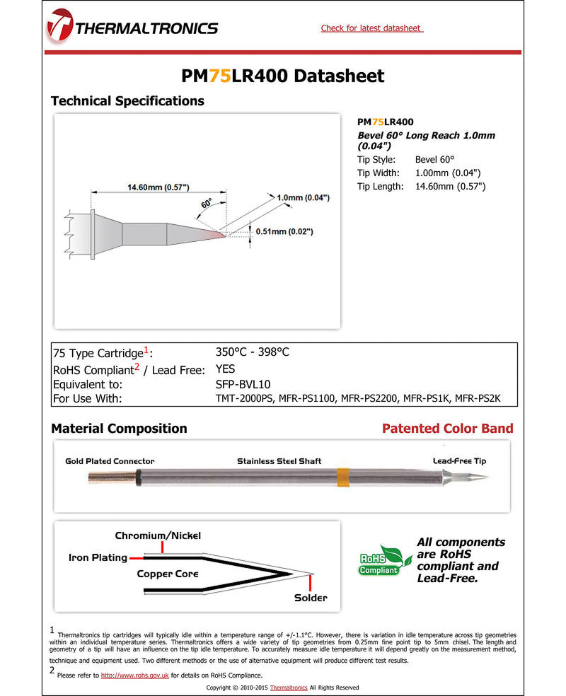  [AUSTRALIA] - Thermaltronics PM75LR400 Bevel 60deg Long Reach 1.0mm (0.04in) interchangeable for Metcal SFP-BVL10