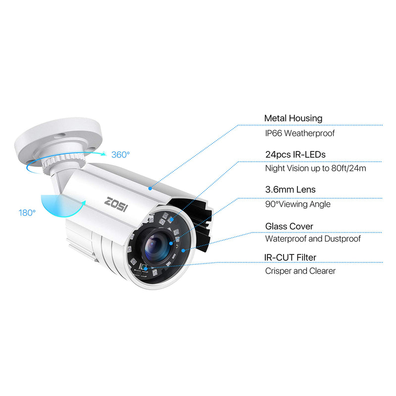  [AUSTRALIA] - ZOSI 2MP HD 1920TVL Outdoor Indoor Security Camera 1080p (Hybrid 4-in-1 HD-CVI/TVI/AHD/960H Analog CVBS), 24PCS LEDs, 80ft IR Night Vision, Weatherproof Surveillance CCTV Bullet Camera 1 Camera