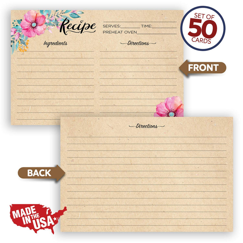  [AUSTRALIA] - Nuah Prints Double Sided Recipe Cards 4x6 Inch, Set of 50 Thick Cardstock Recipe Cards with Lines, Easy To Write On Smooth Surface, Line Printed, Large Writing Space (Floral Kraft Look) Floral Kraft Look