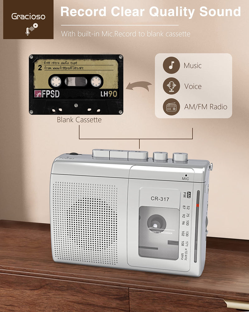  [AUSTRALIA] - Portable Cassette Player Recorder with Bluetooth Transmitter, AM FM Walkman Cassette Player with Headphone Jack & Big Speaker,Microphone Jack, 2*AA Battery Opearated Cassette Tape Player for Home,Park Silver