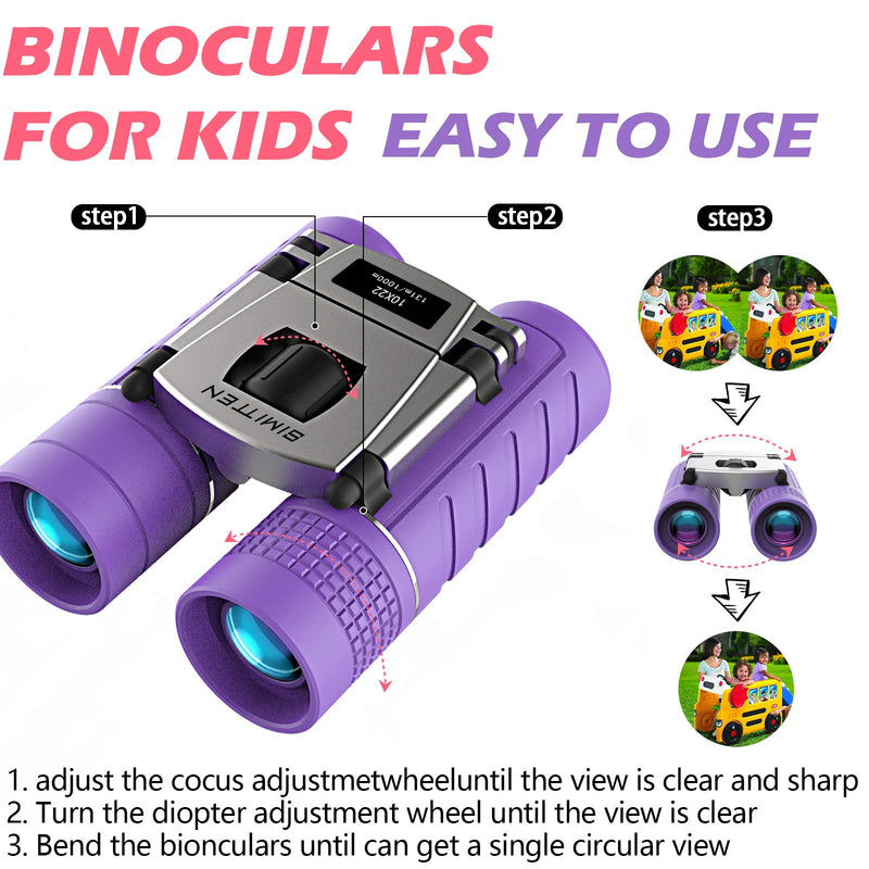  [AUSTRALIA] - Compact Binocular for Kids 10X22 SIMITTEN Toy Binoculars for 3-12 Years Boys and Girls Suit for Bird Watching Hiking Hunting Outdoor Games Spy & Camping Gear Learning Outside Play Purple