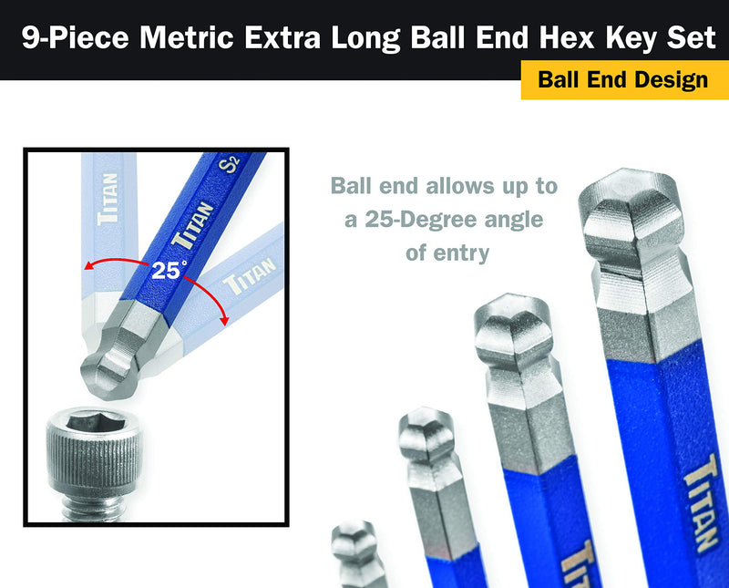  [AUSTRALIA] - Titan 12714 9-Piece Metric Extra Long Ball End Hex Key Set Metric Ball End