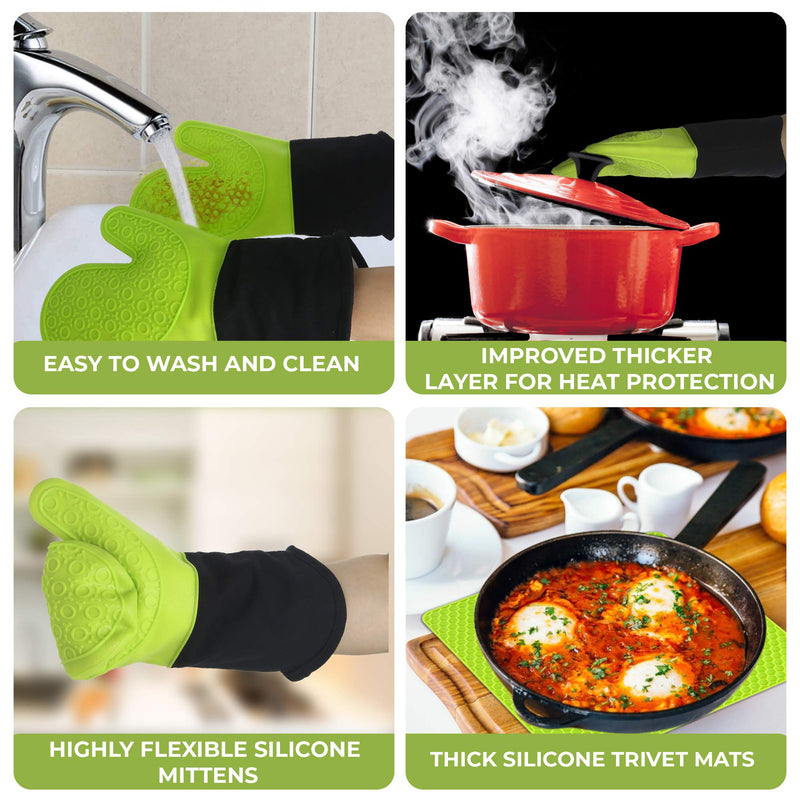  [AUSTRALIA] - Oven Mitts and Pot Holders - Silicone Oven Mitt, 4-Piece Set, Hot Pads, Trivet Mats, Oven Gloves Heat Resistant- for BBQ, Grilling, Baking, Kitchen, Cooking Gloves with Thicker Quilted Liner (Green) Green