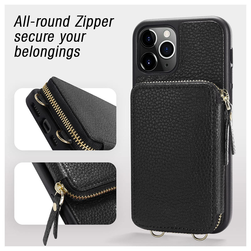  [AUSTRALIA] - iPhone 11 Pro Wallet Case, ZVE iPhone 11 Pro Case with Credit Card Holder Slot Crossbody Chain Handbag Purse Wrist Strap Zipper Leather Case Cover for Apple iPhone 11 Pro 5.8 inch 2019 - Black