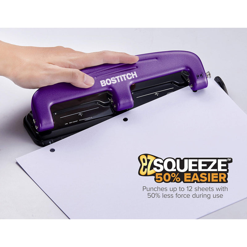  [AUSTRALIA] - Bostitch Office EZ Squeeze Reduced Effort 3-Hole Punch, 12 Sheets, Purple (2105), 1.6" x 3" x 11"