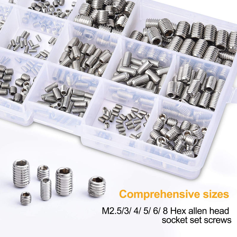  [AUSTRALIA] - VIGRUE 520Pcs M2.5/M3/M4/M5/M6/M8 Hex Allen Head Socket Set Screw Bolts Assortment Kit Grub Screw with Internal Hex Drive, 304 Stainless Steel (Metric) M2.5 to M8