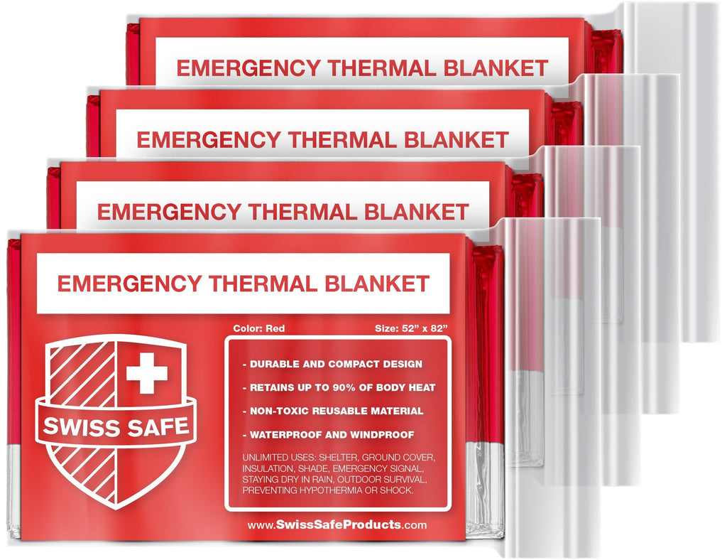  [AUSTRALIA] - Swiss Safe Emergency Mylar Thermal Blankets + Bonus Gold Foil Space Blanket. Designed for NASA, Outdoors, Survival, First Aid, Red, 4 Pack